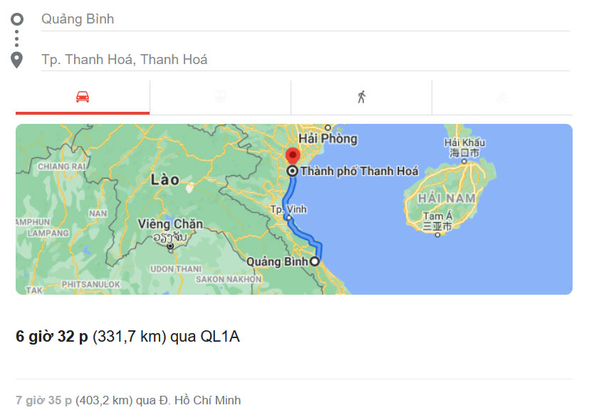 Từ Quảng Bình đến Thanh Hóa bao nhiêu km?